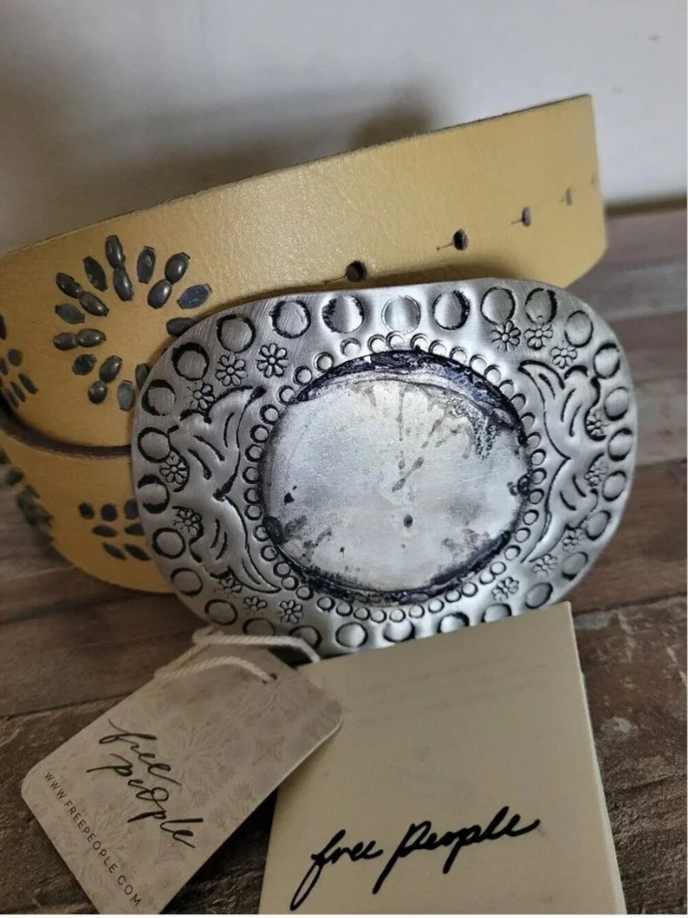 Free People NWT Leather Belt large ornate silver-toned oval buckle size S/M